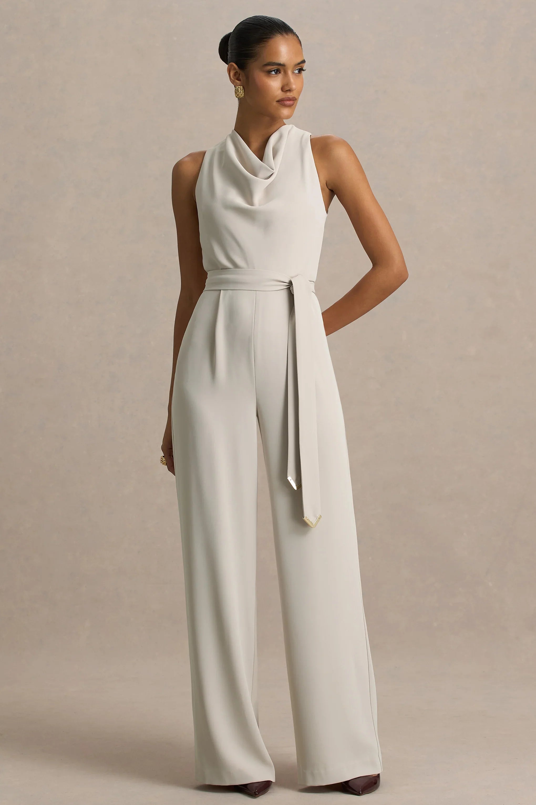 Corina Nude Cowl Neck Jumpsuit With Tie Detail