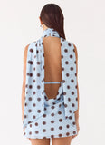 Get Me Halter Mini Dress Blue Mocha Dot