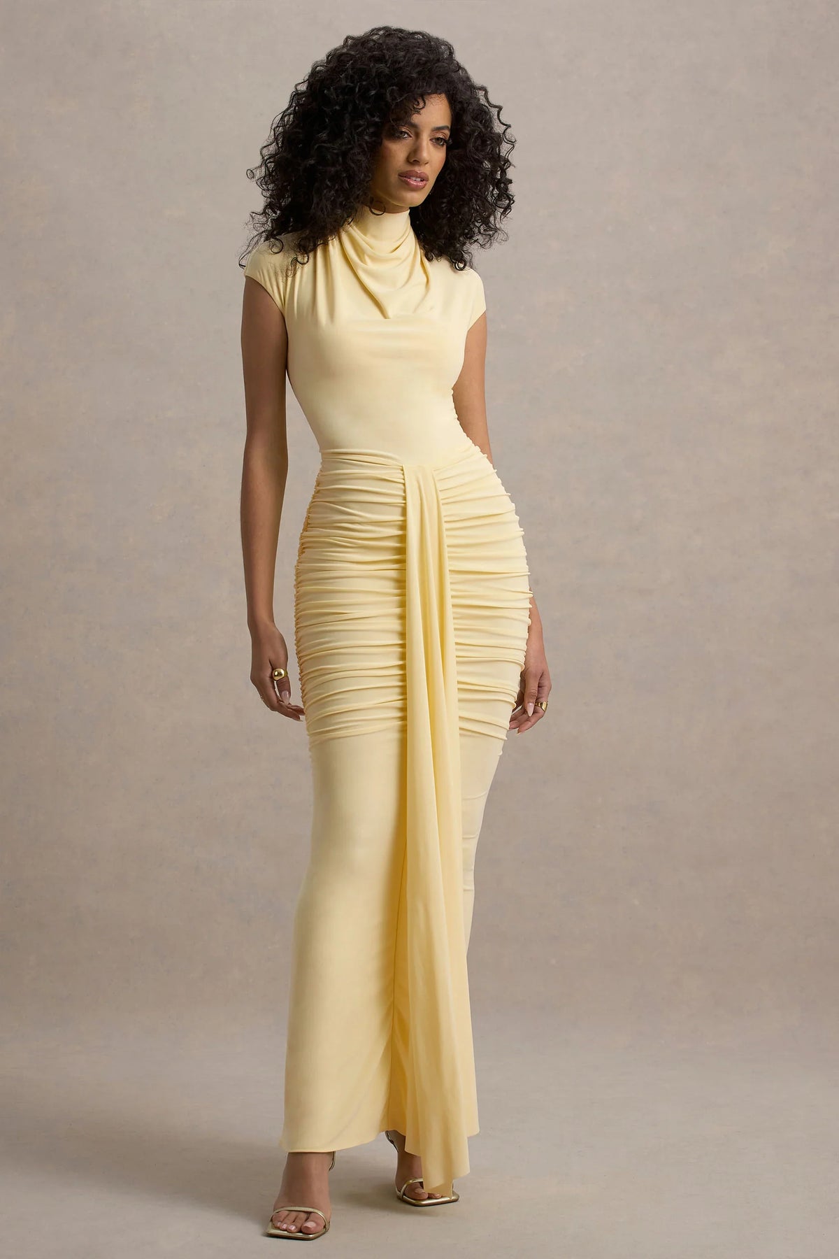 Lorenza Pale Lemon High Neck Ruched Maxi Dress With Draped Skirt
