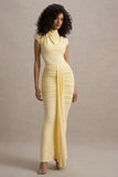 Lorenza Pale Lemon High Neck Ruched Maxi Dress With Draped Skirt