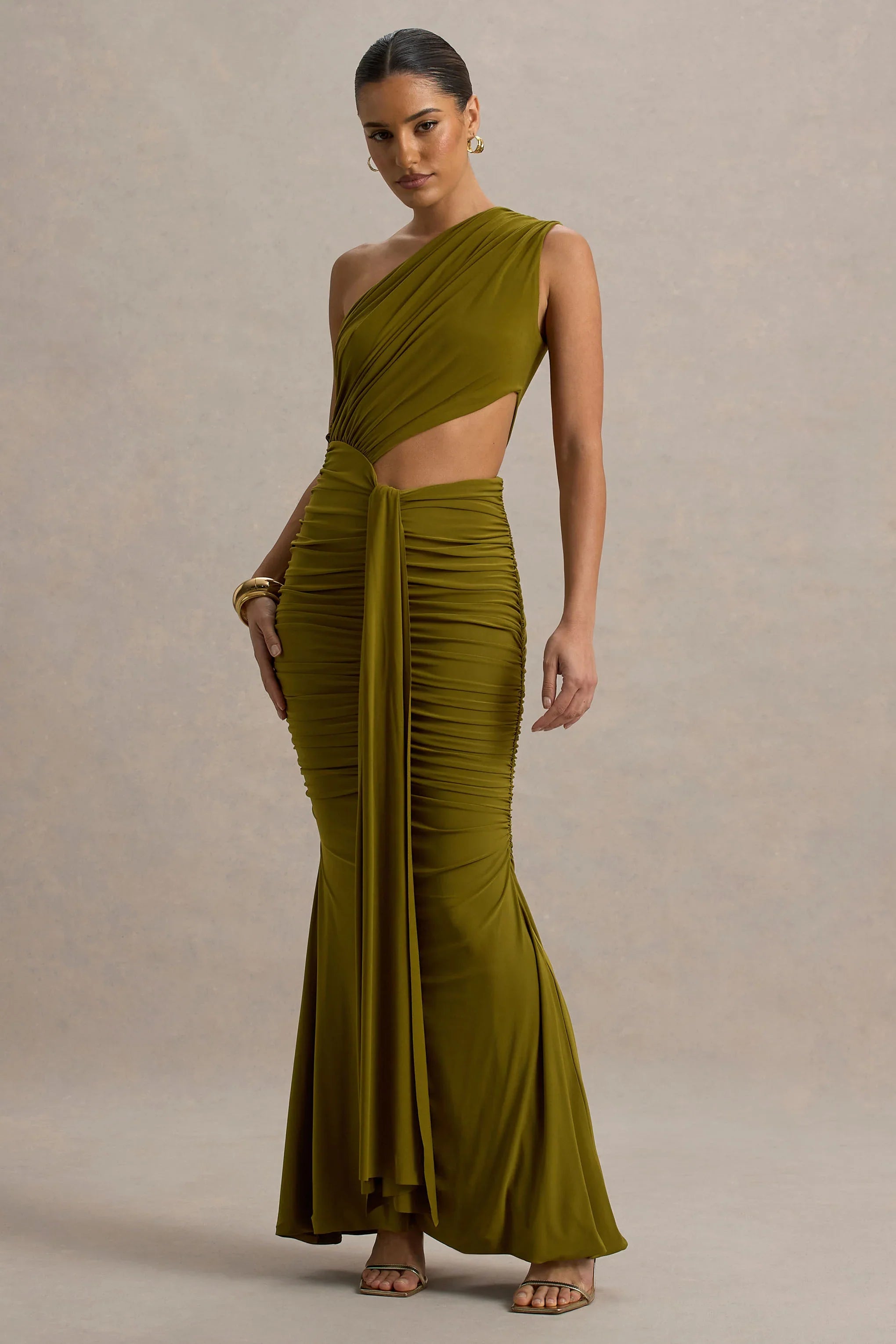 Beline Green One Shoulder Cut Out Maxi Dress With Drape