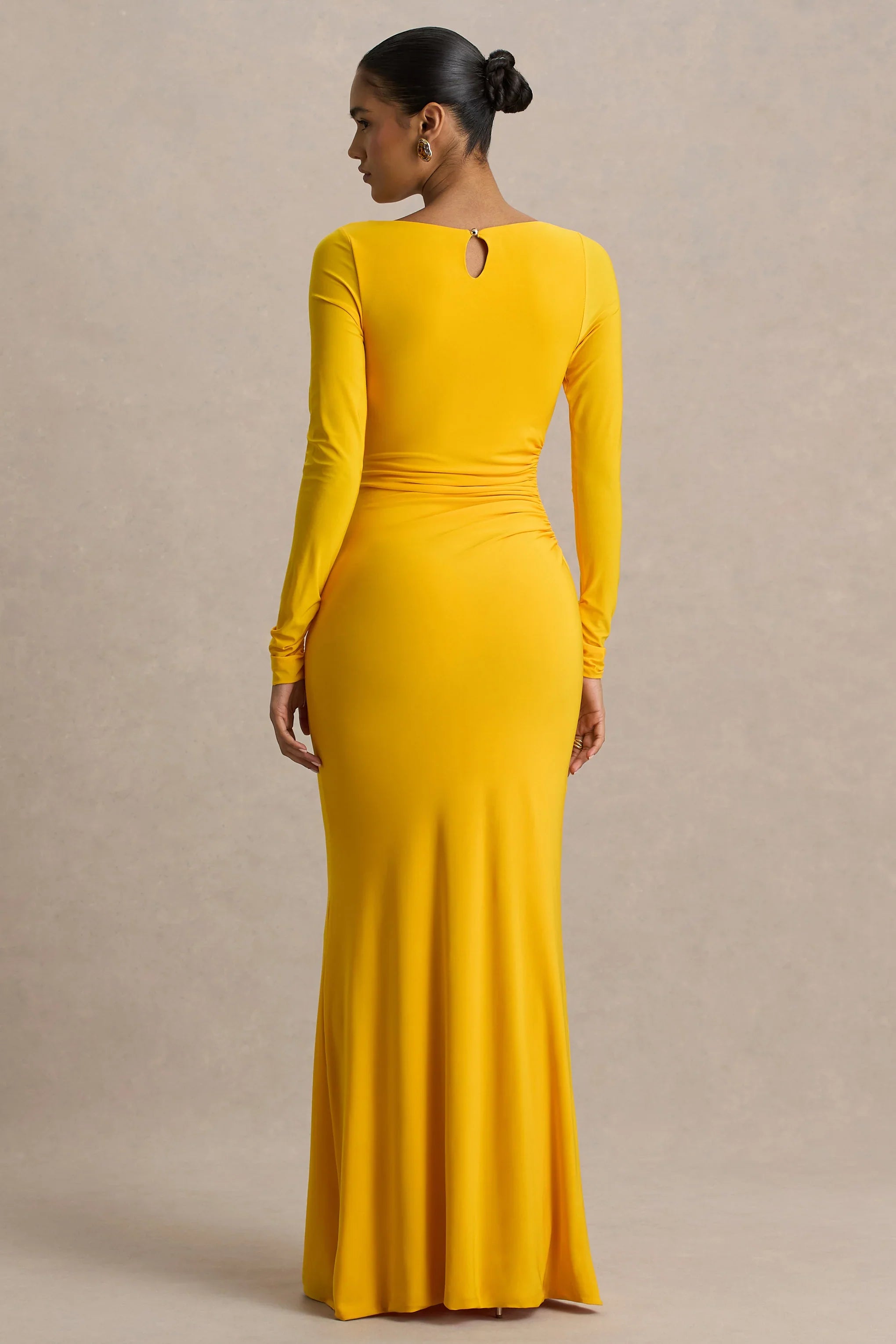 Diva Yellow Slashed Neck Maxi Dress With Ruched Detailing