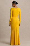 Diva Yellow Slashed Neck Maxi Dress With Ruched Detailing