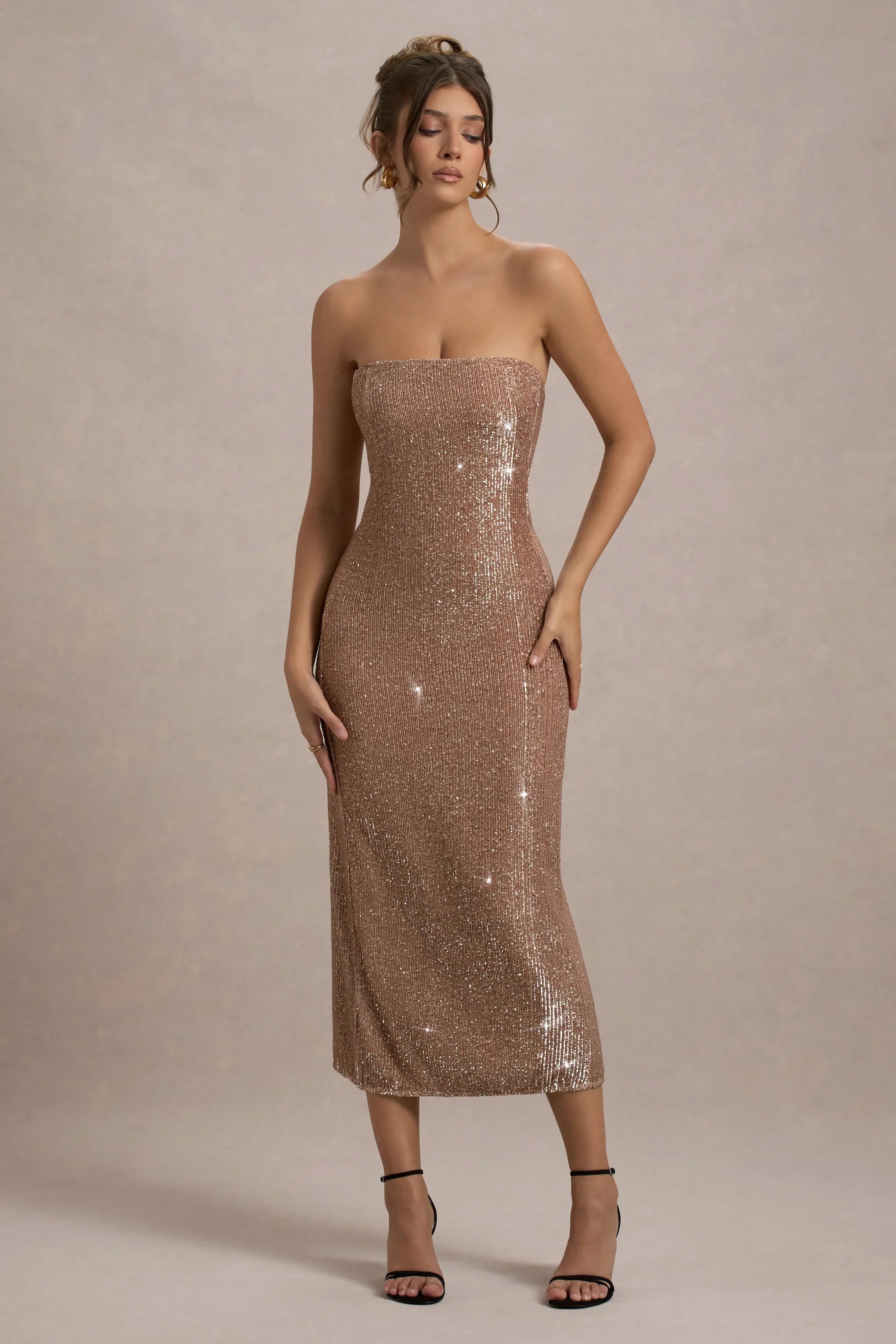 Lilabelle Rose Gold Plisse Sequin Bandeau Midi Dress