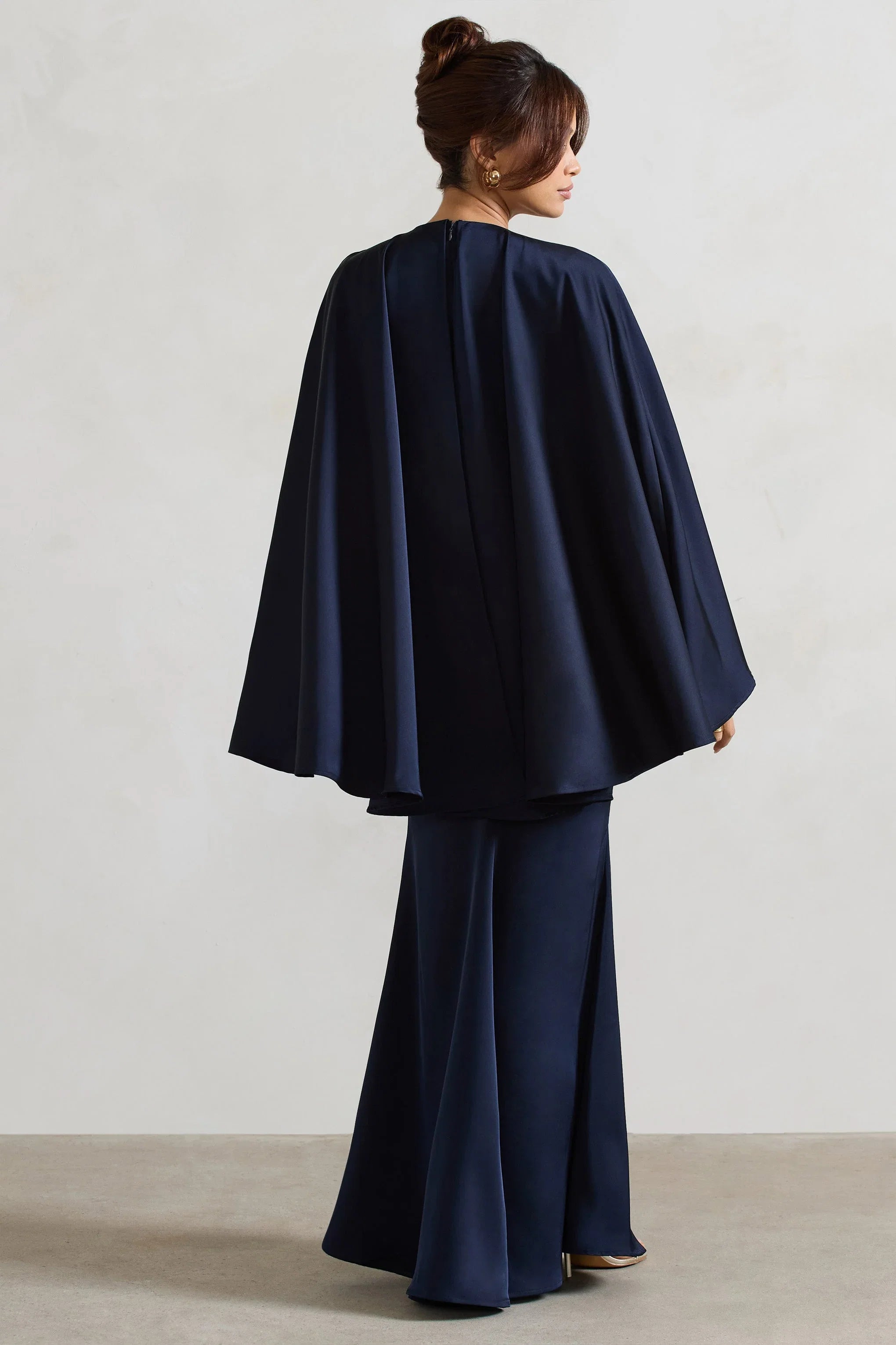 Yasie Navy Satin Plunge Neck Maxi Dress With Cape Sleeves