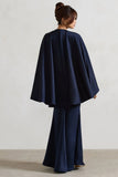 Yasie Navy Satin Plunge Neck Maxi Dress With Cape Sleeves