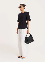 Black Shoulder Pad Cinched Waist T Shirt