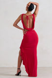 La Belle Red Ruffle Maxi Skirt With Thigh Split