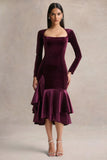 Emberlyn Burgundy Velvet Scoop Neck Fishtail Midi Dress