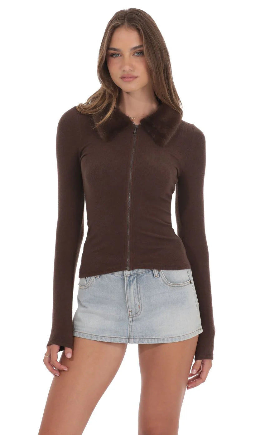 Fur Collar Zip Up Cardigan in Brown
