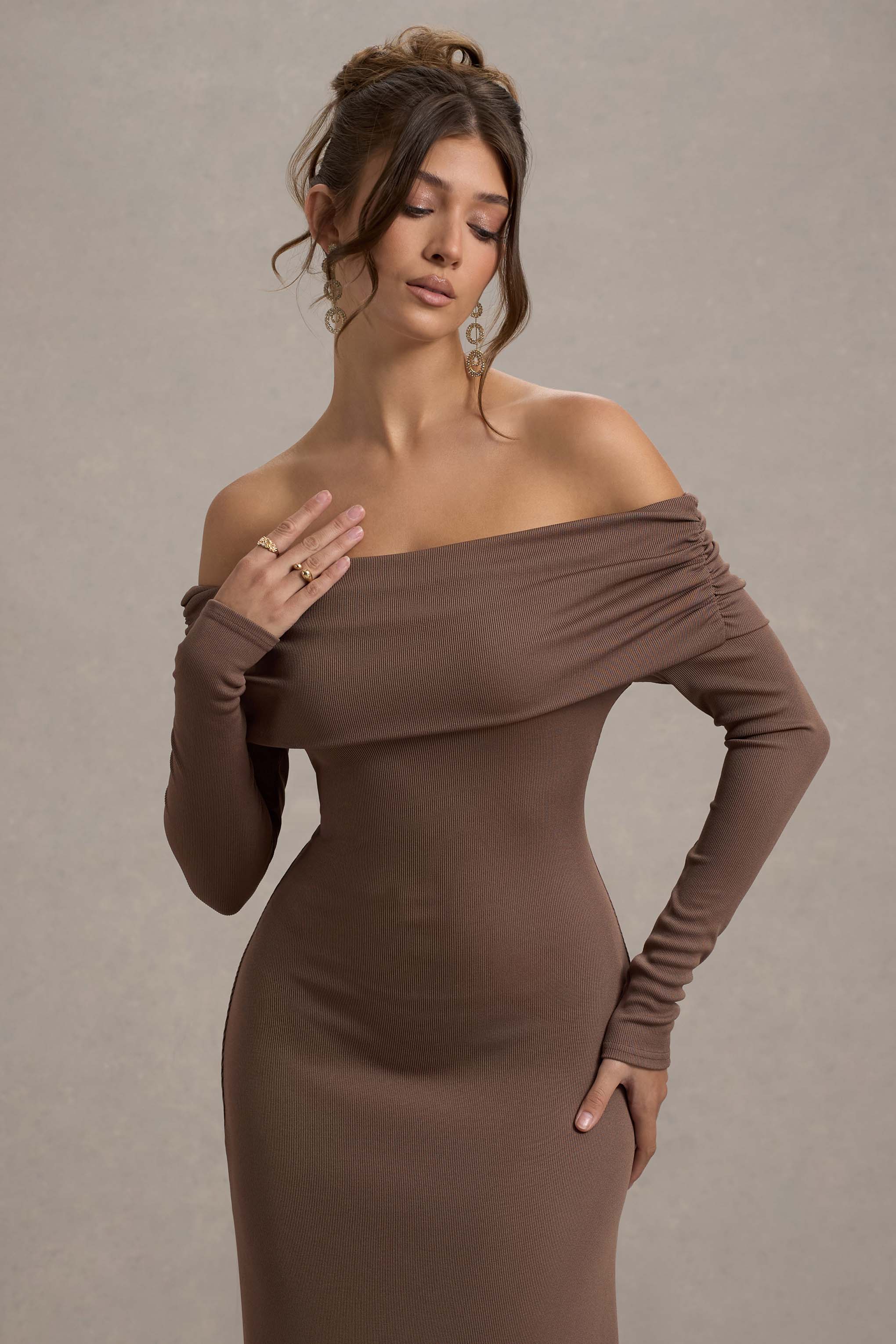 Romina Mocha Rib Knit Bardot Maxi Dress With Asymmetric Hem
