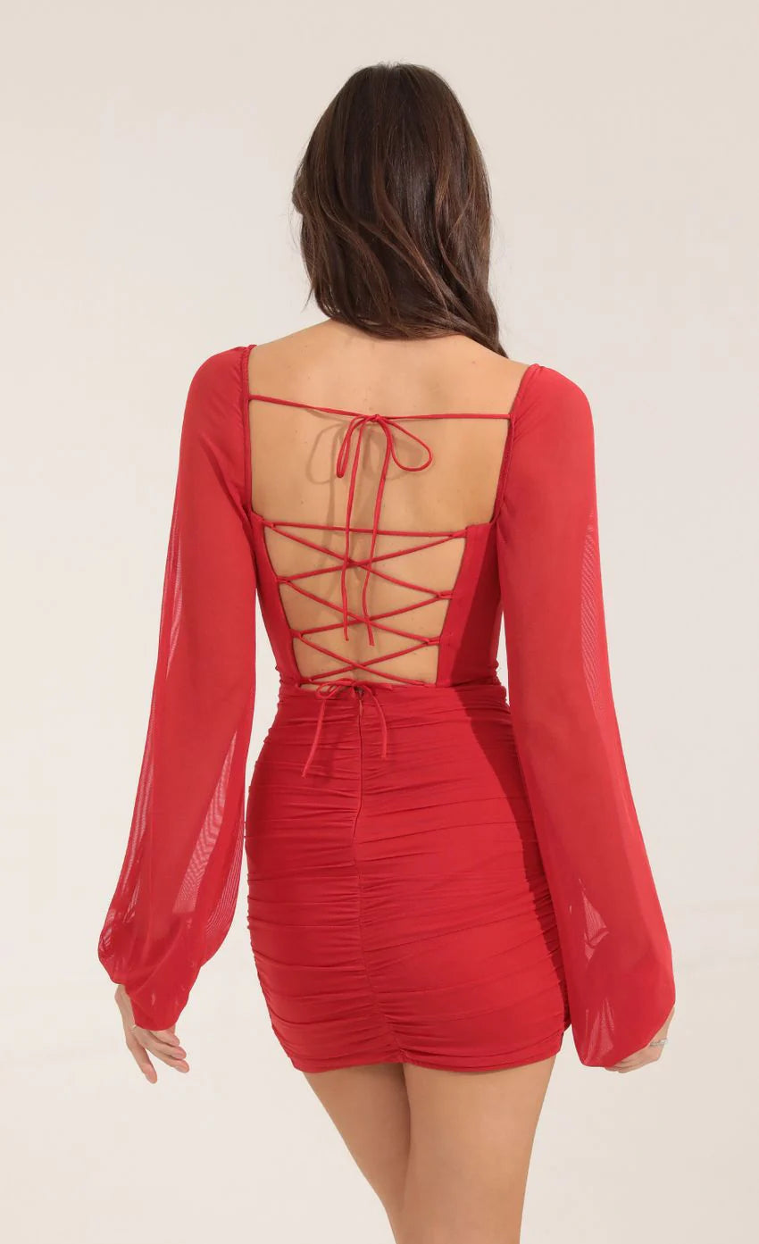 Mesh Long Sleeve Dress in Red