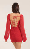 Mesh Long Sleeve Dress in Red