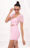 Ruched Cutout and Ties Dress in Pink Dotted Chiffon