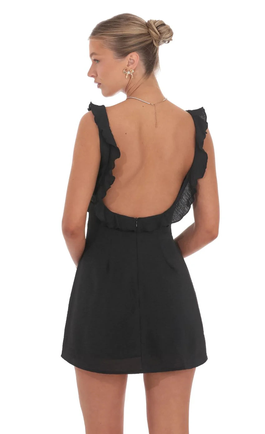 Ruffle V Neck Dress in Black