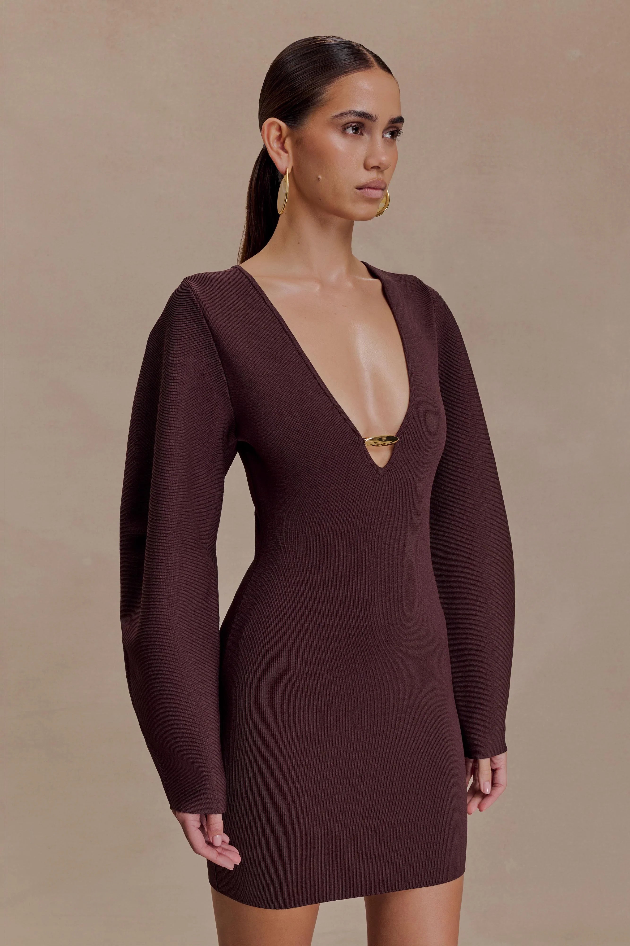 Billy Balloon Sleeve Knit Mini Dress Dark Chocolate