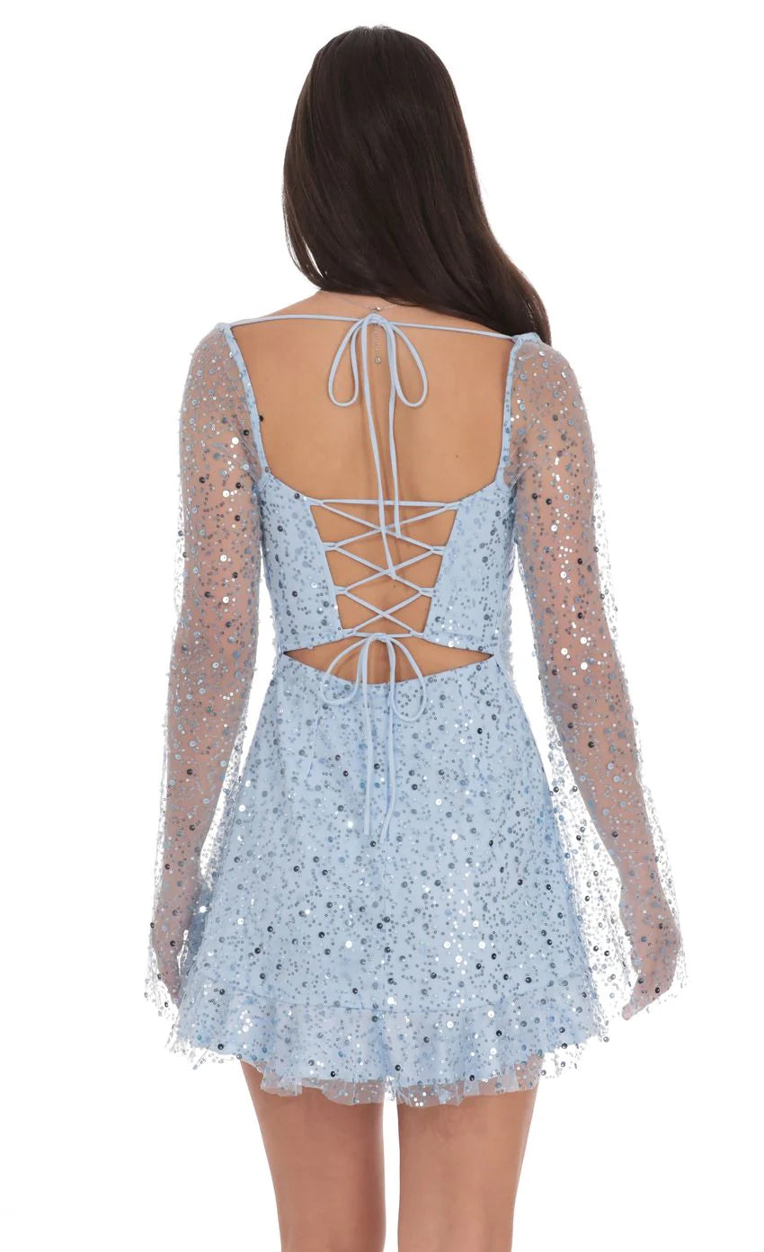 Sequin Flare Long Sleeve Dress in Light Blue