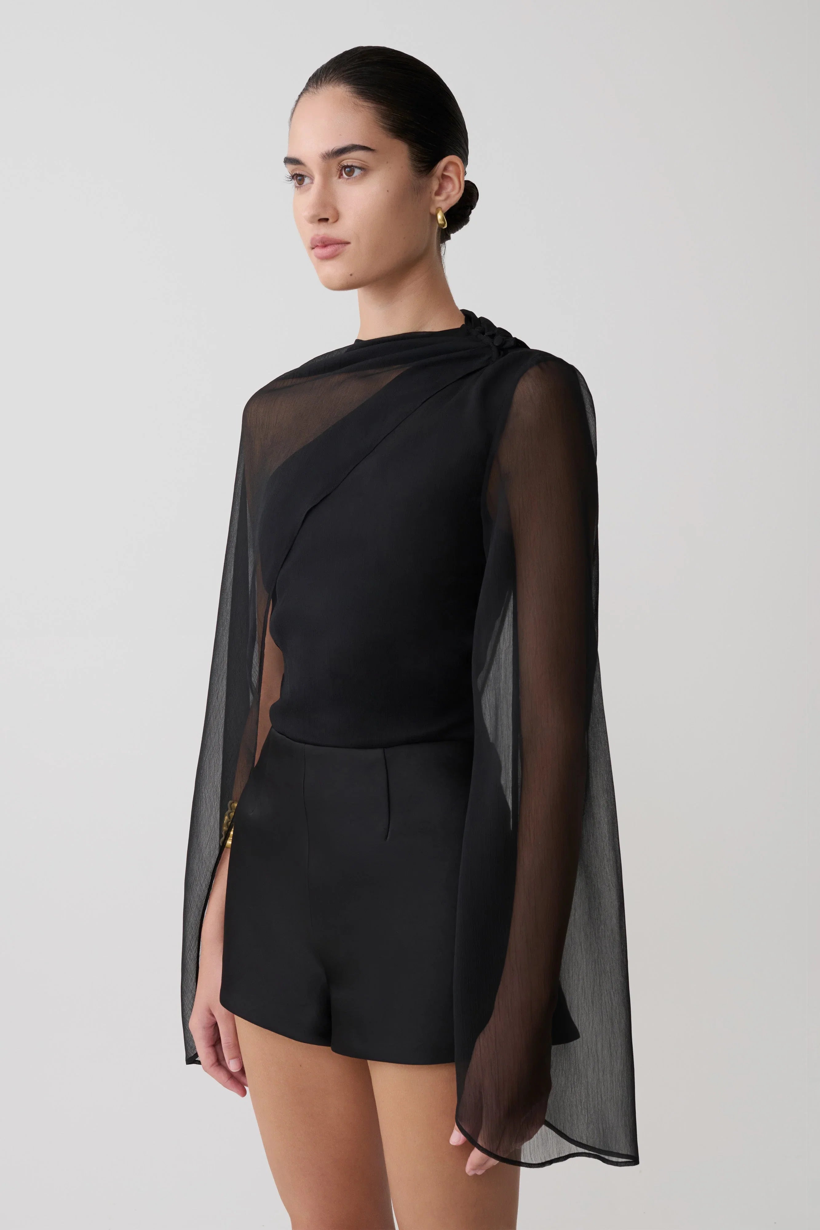 Ida Sheer Asymmetrical Long Sleeve Cape Black
