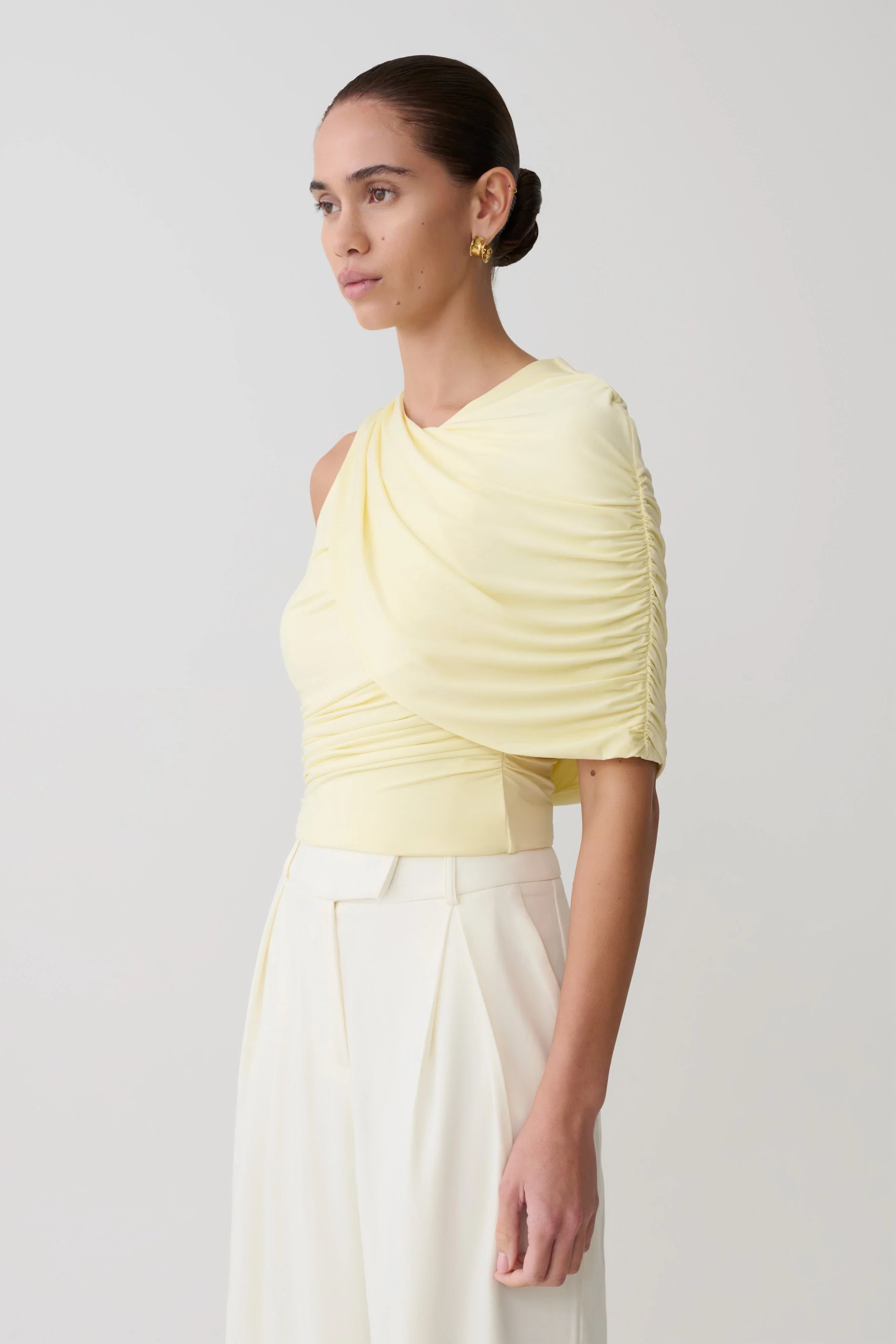 Adrienne One Shoulder Slinky Top Lemon