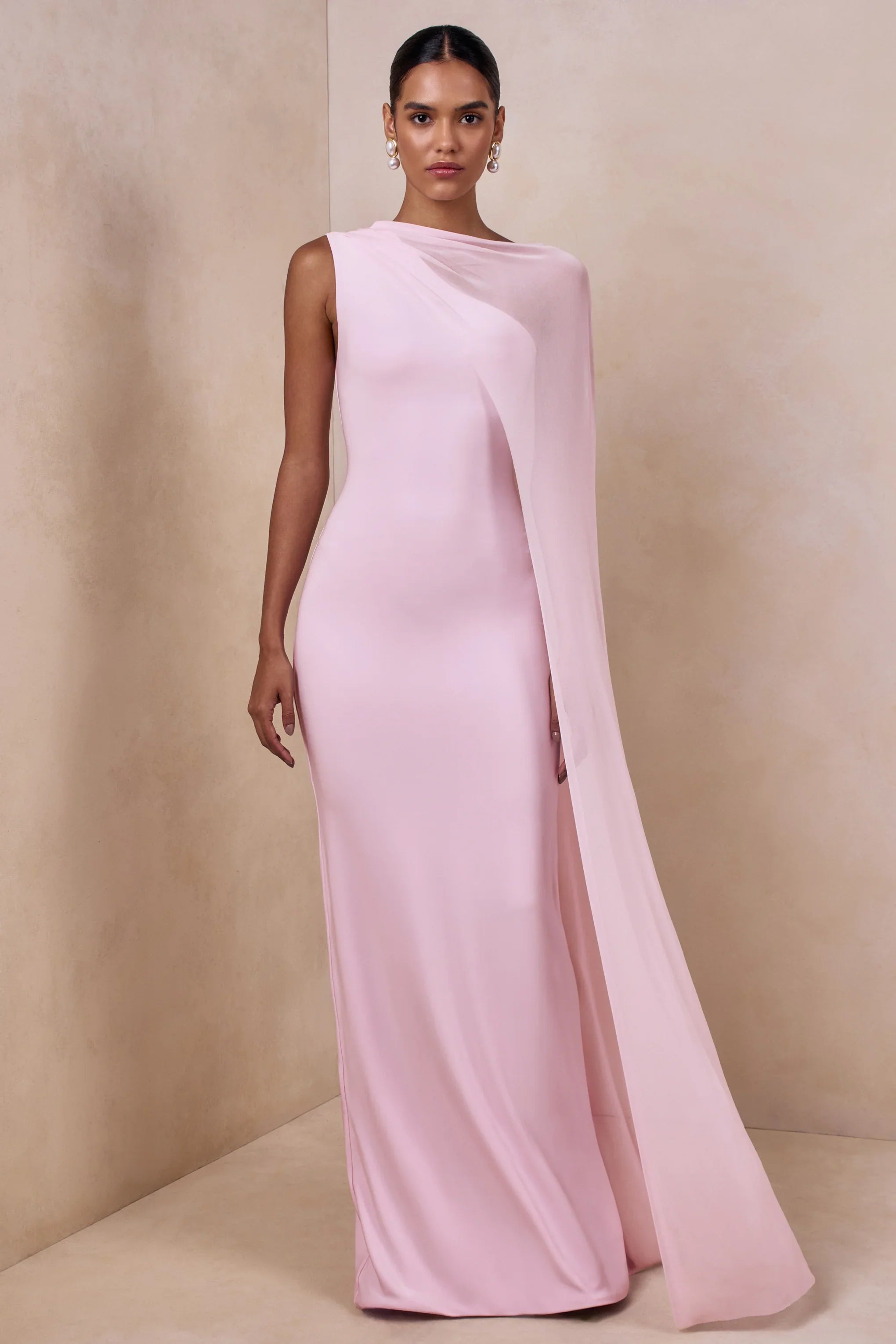Mirelle Light Pink Boat Neck Maxi Dress With Cape Sleeve