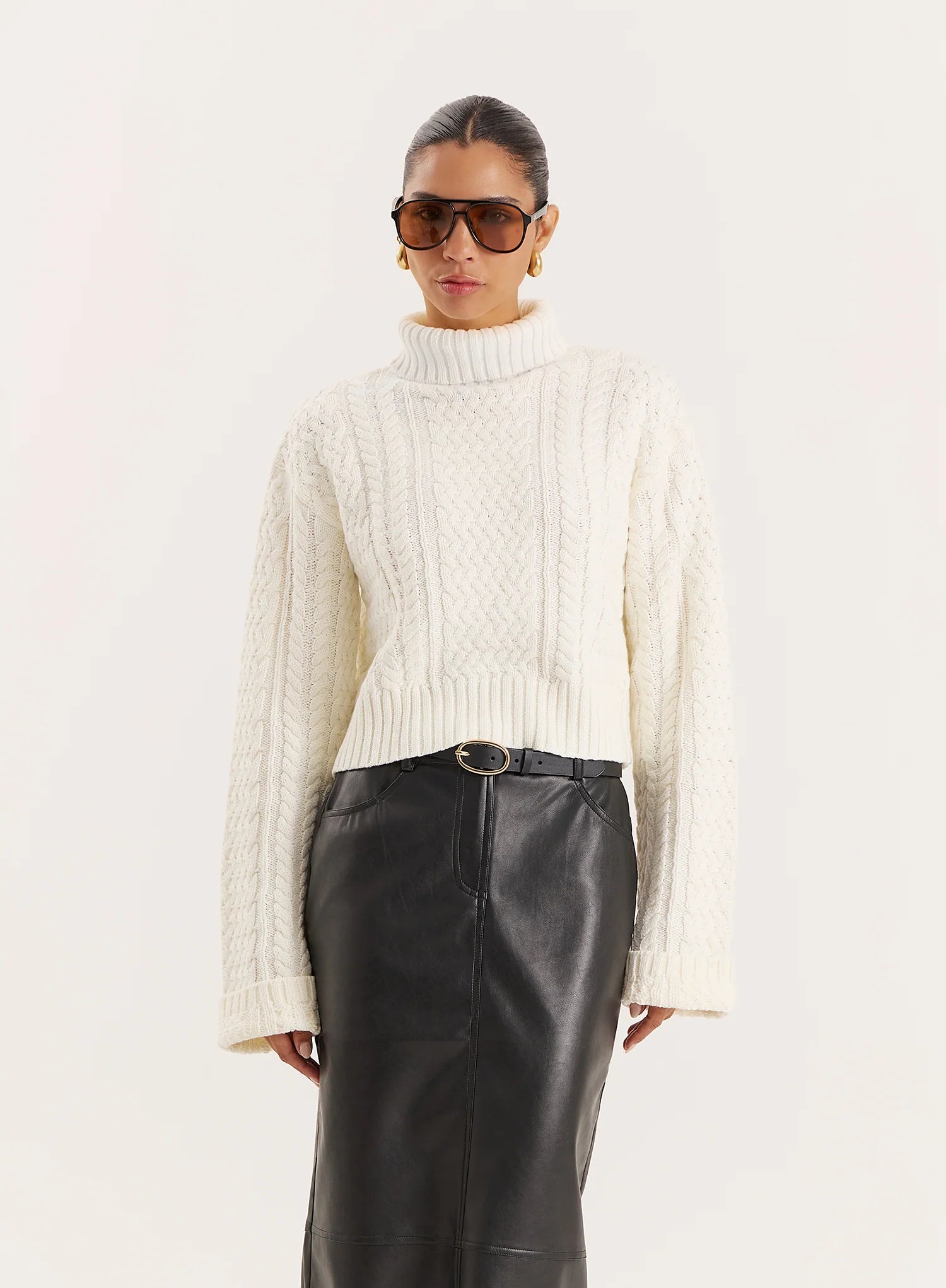 Cream Chunky Knit Turtle Neck Crop Jumper