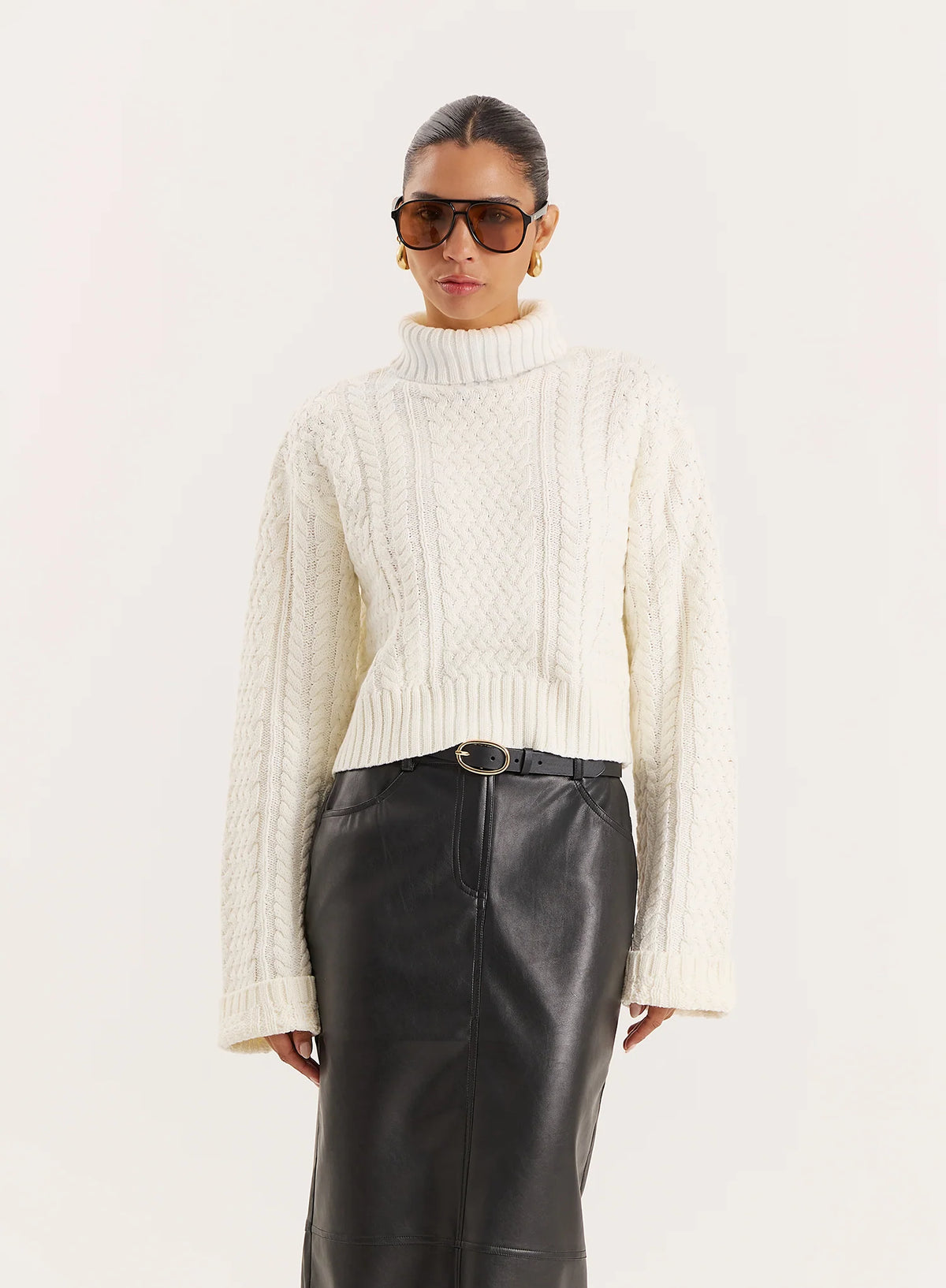 Cream Chunky Knit Turtle Neck Crop Jumper