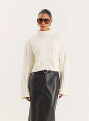 Cream Chunky Knit Turtle Neck Crop Jumper
