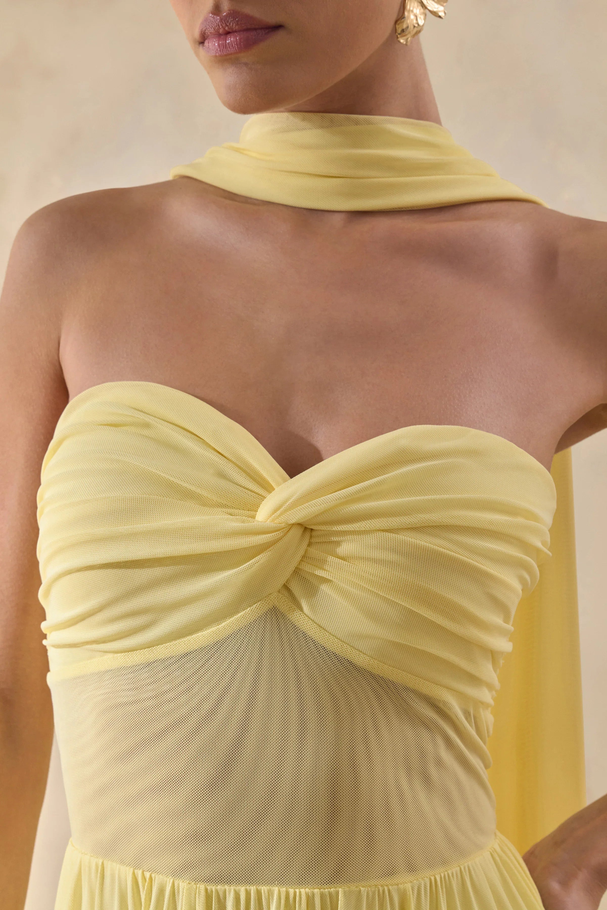Lyvoria Lemon Bandeau Maxi Dress With Mesh Detail And Scarf