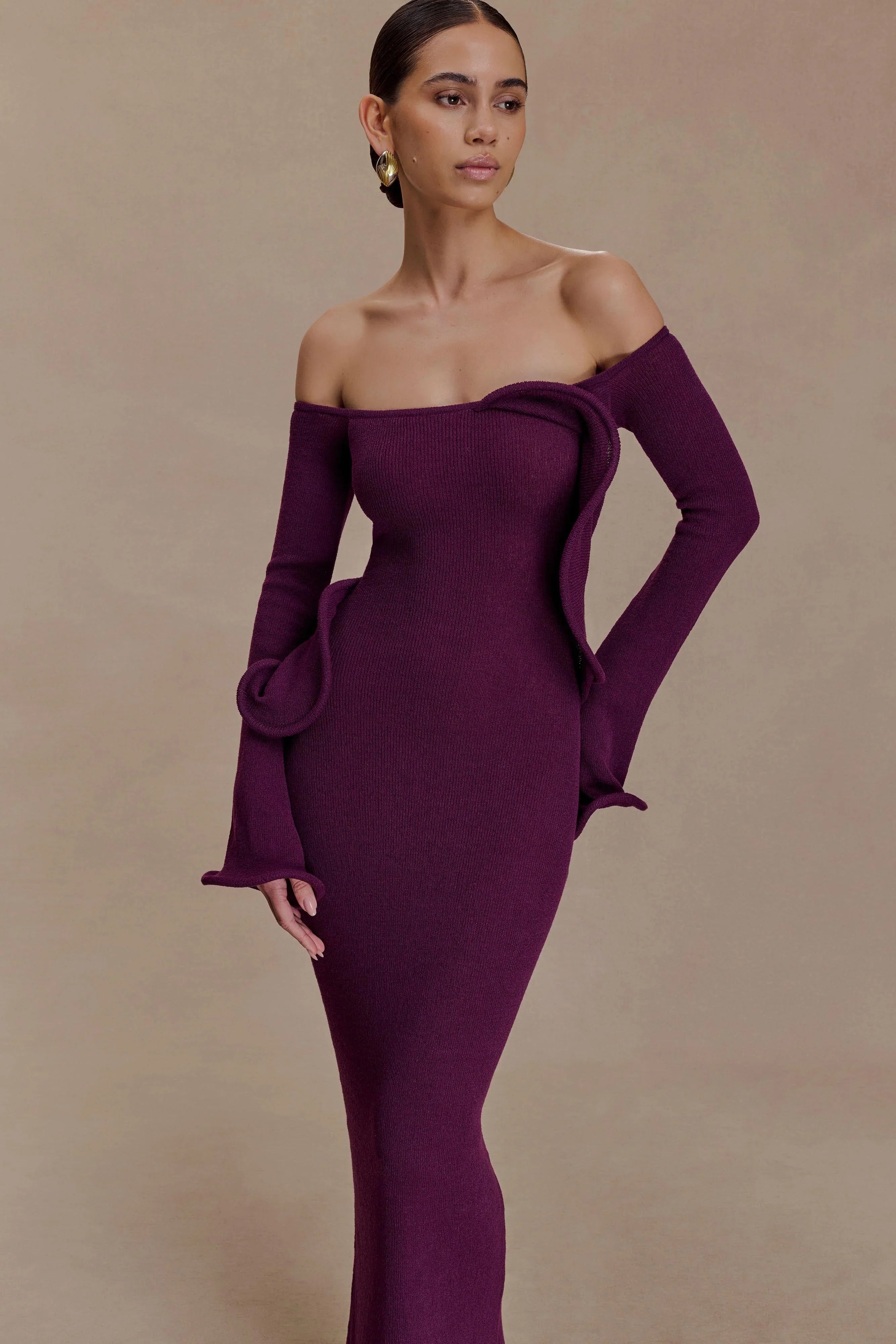 Sandrine Off Shoulder Knit Maxi Dress Plum
