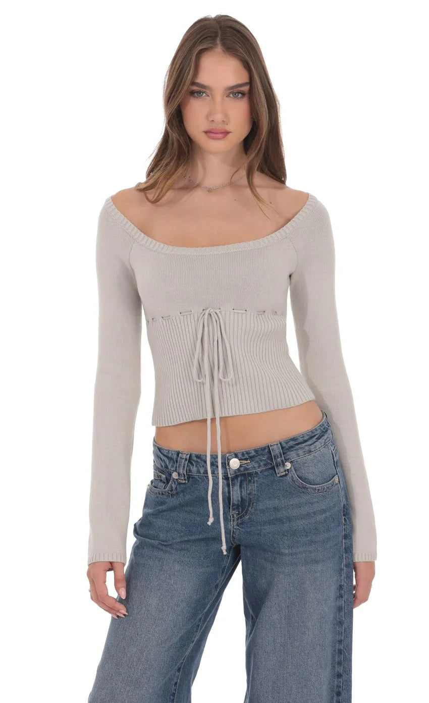 Knit Cinch Drawstring Top in Grey