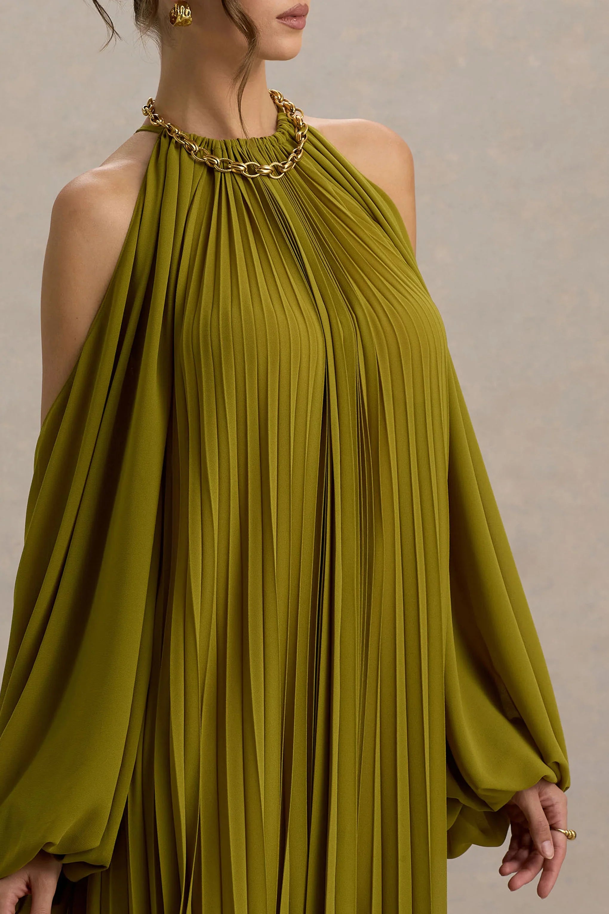Reyna Olive Pleated Chiffon Cold Shoulder Maxi Dress