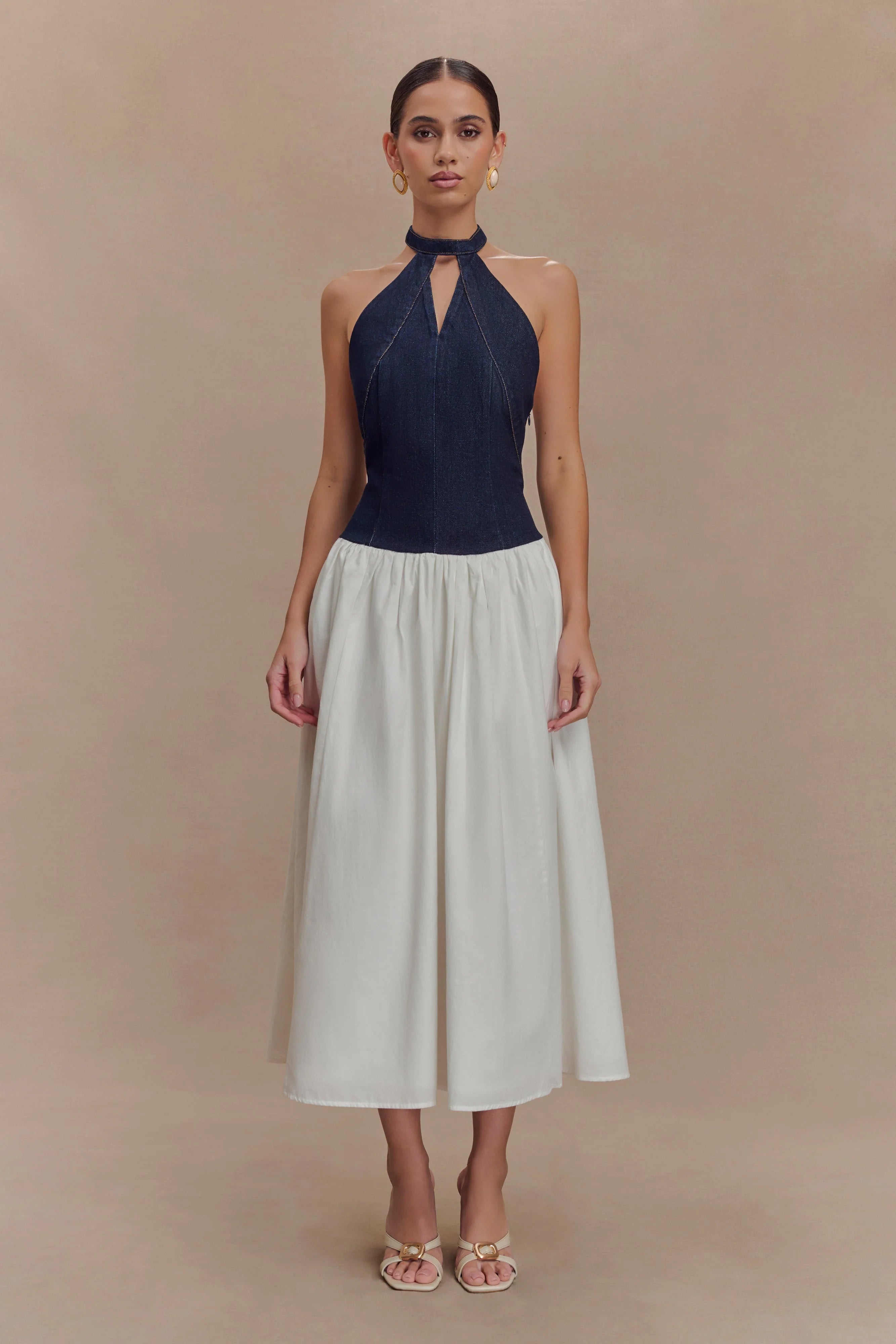 Ashwin Denim Cotton Midi Dress Indigo Blue