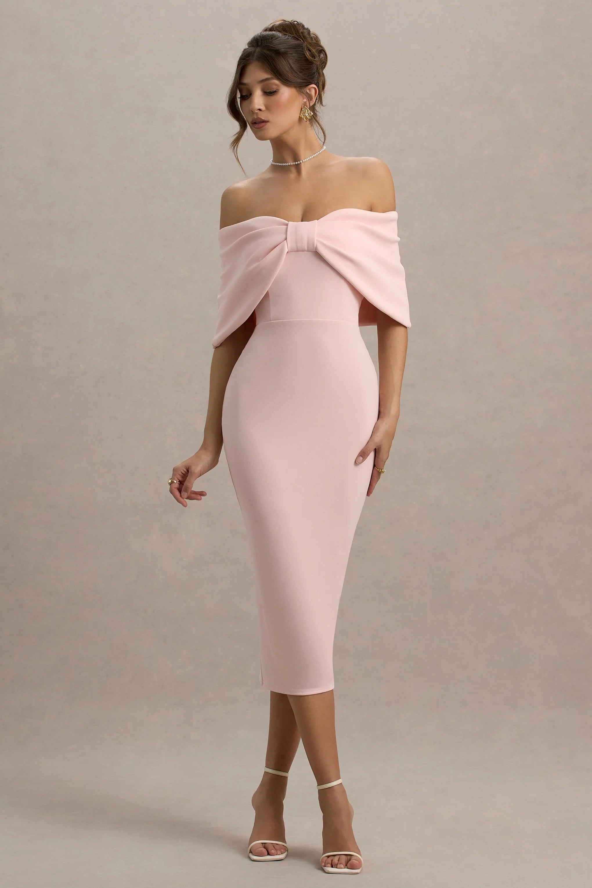 Bayshore Pink Bow Bardot Midi Dress