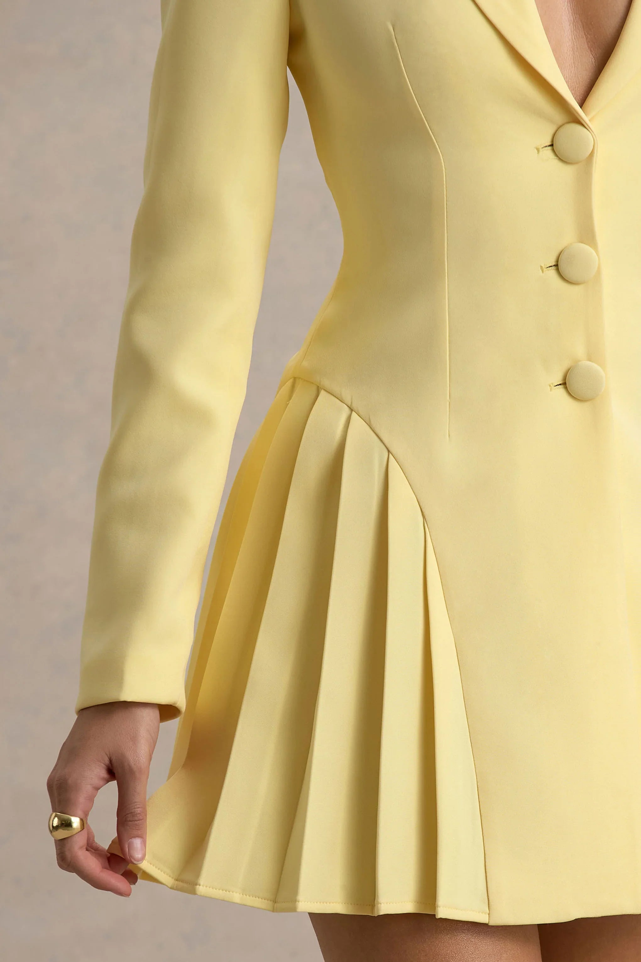 Blossoming Lemon Plunge Neck Tailored Mini Dress With Pleating