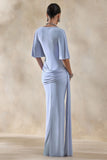 Emerelle Powder Blue Wide Neck Maxi Dress With Sash And Draped Detailing