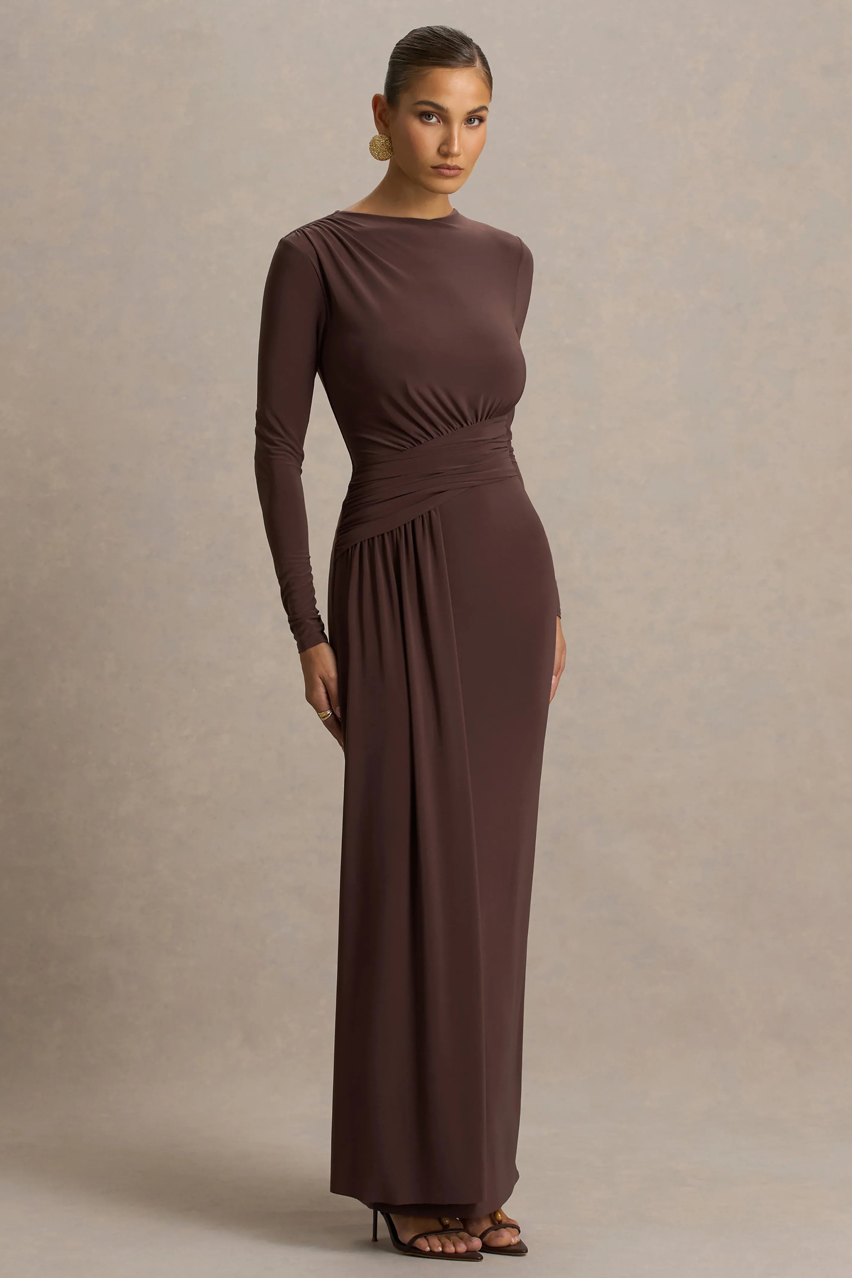 Virelle Brown Boat Neck Maxi Dress With Wrap Detail And Sash