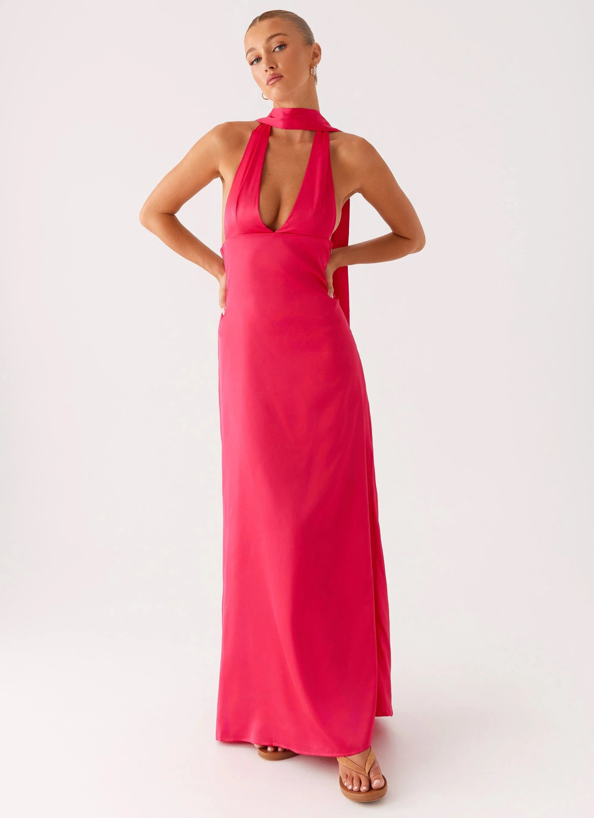 Alicia Satin Halter Maxi Dress Fuchsia
