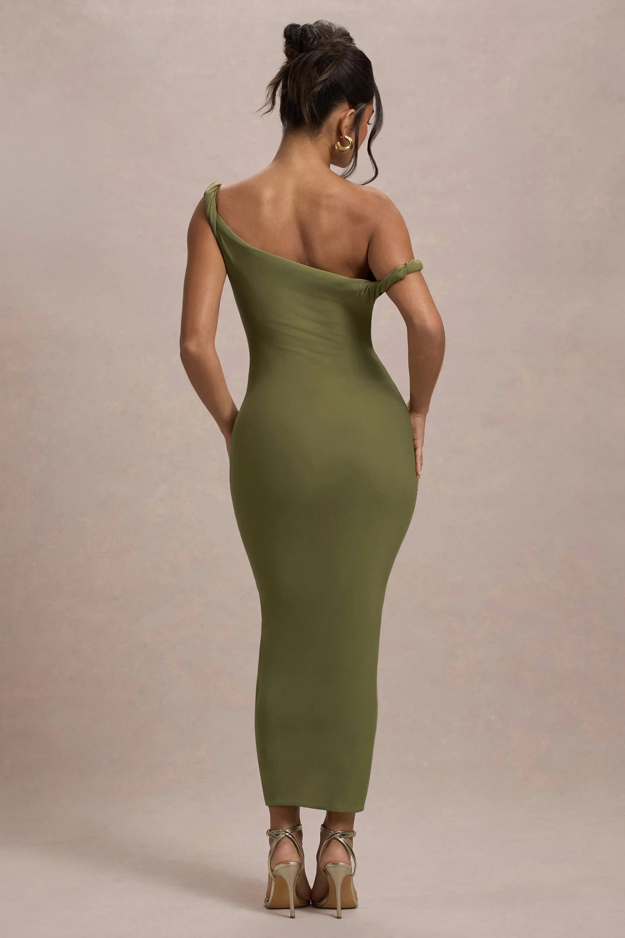 Salome Olive Twisted Asymmetric Midi Dress