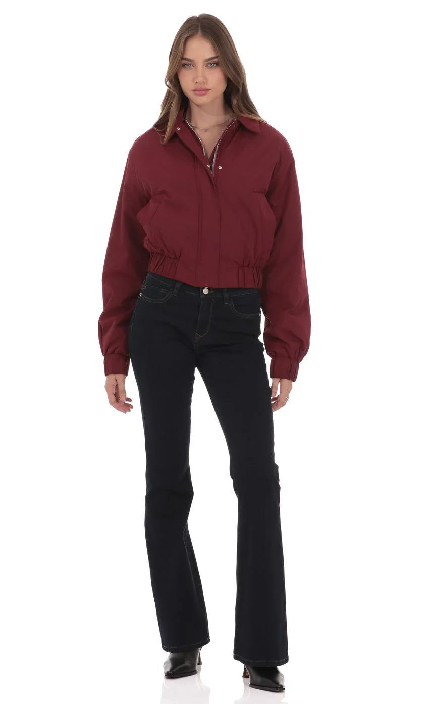 Collared Bomber Jacket in Burgundy