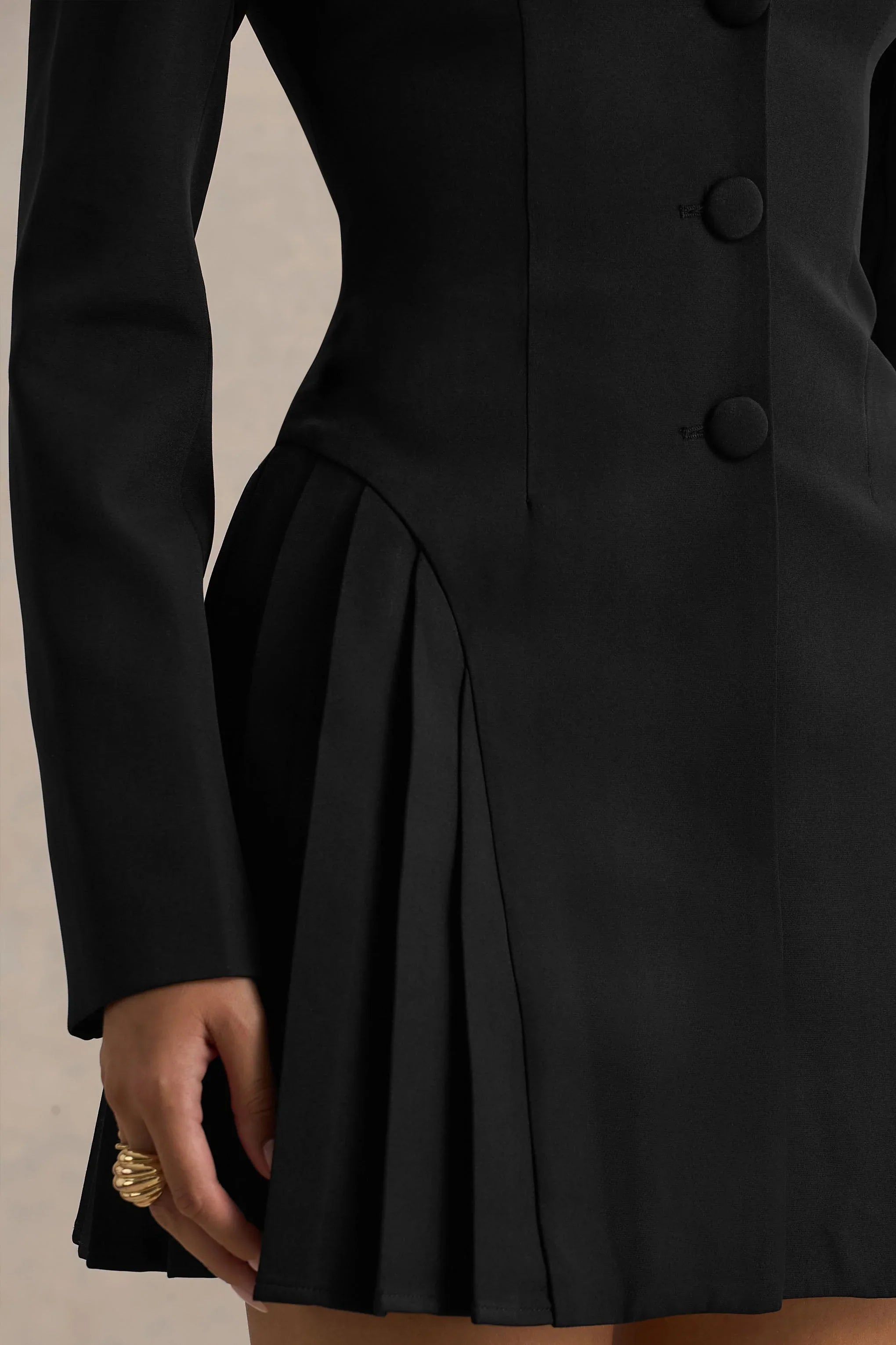 Blossoming Black Plunge Neck Tailored Mini Dress With Pleating