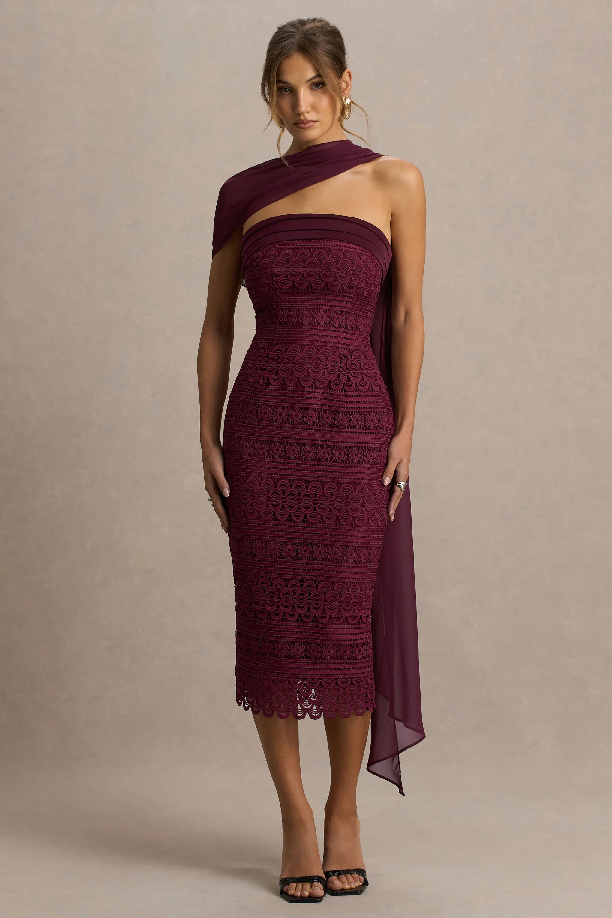 Secret Burgundy Bandeau Lace Midi Dress With Scarf Detail