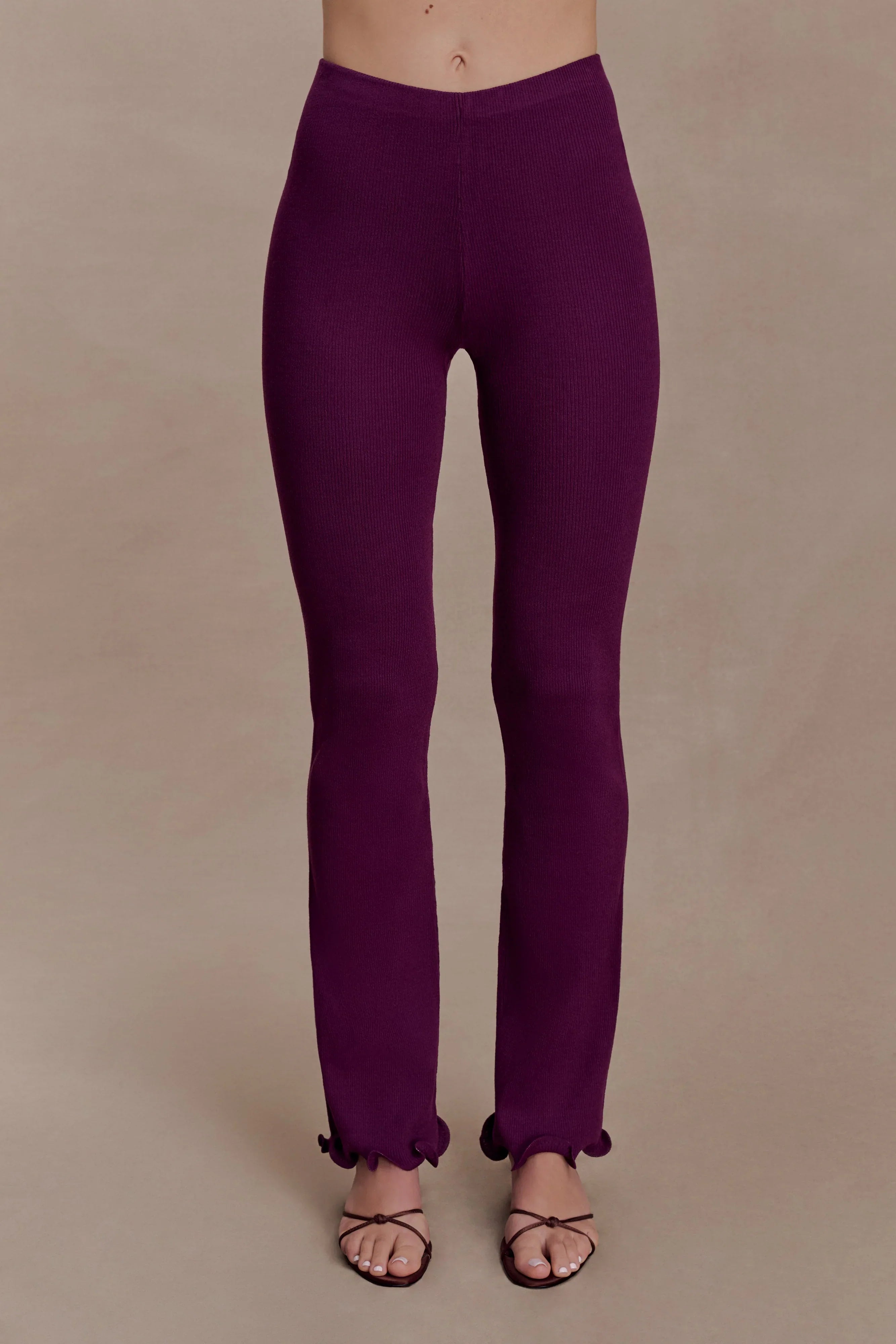 Diya Ribbed High Waisted Pants With Wire Hem Plum