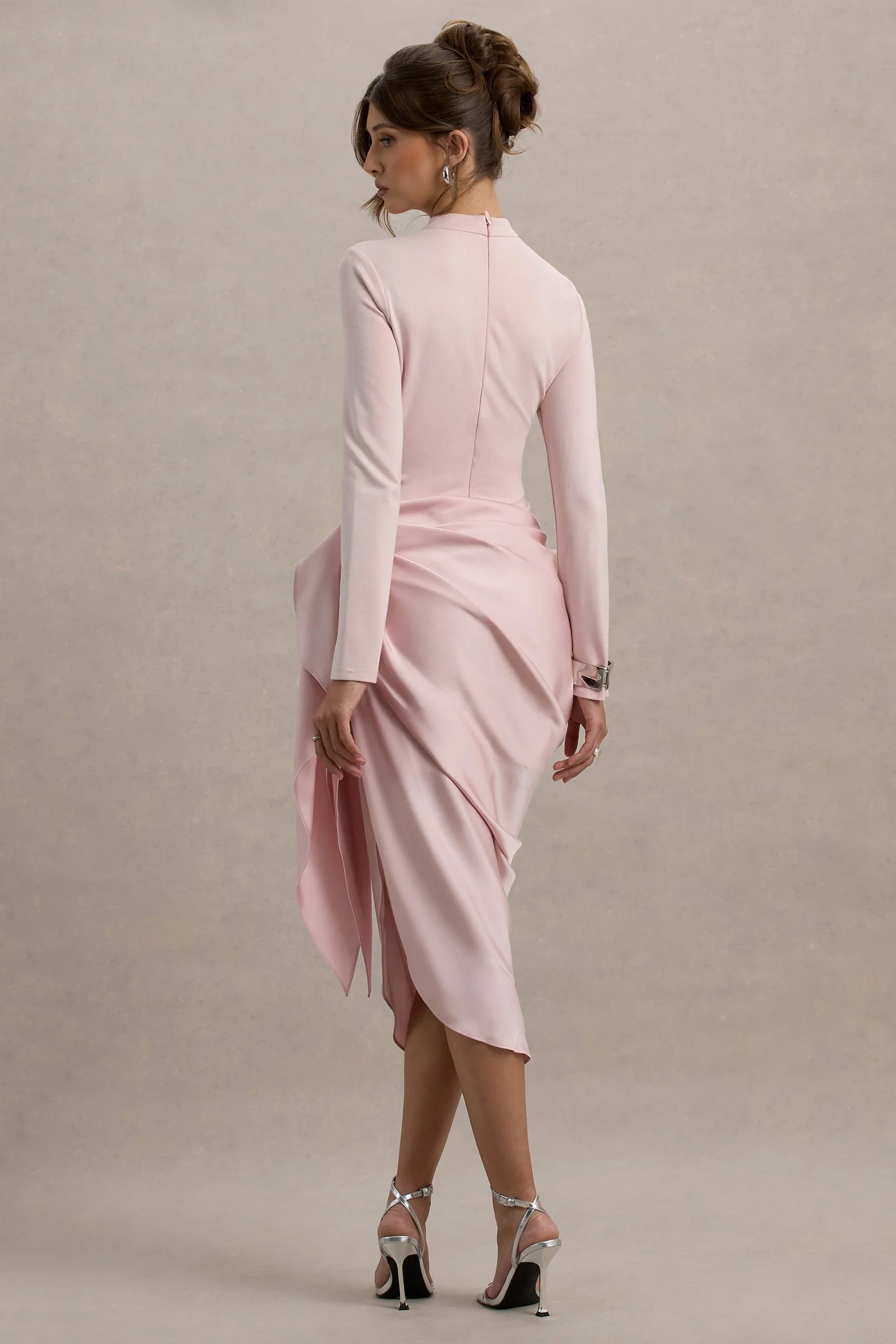 Raffie Pink Long Sleeve Midi Dress With Satin Wrap Skirt