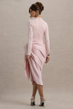 Raffie Pink Long Sleeve Midi Dress With Satin Wrap Skirt