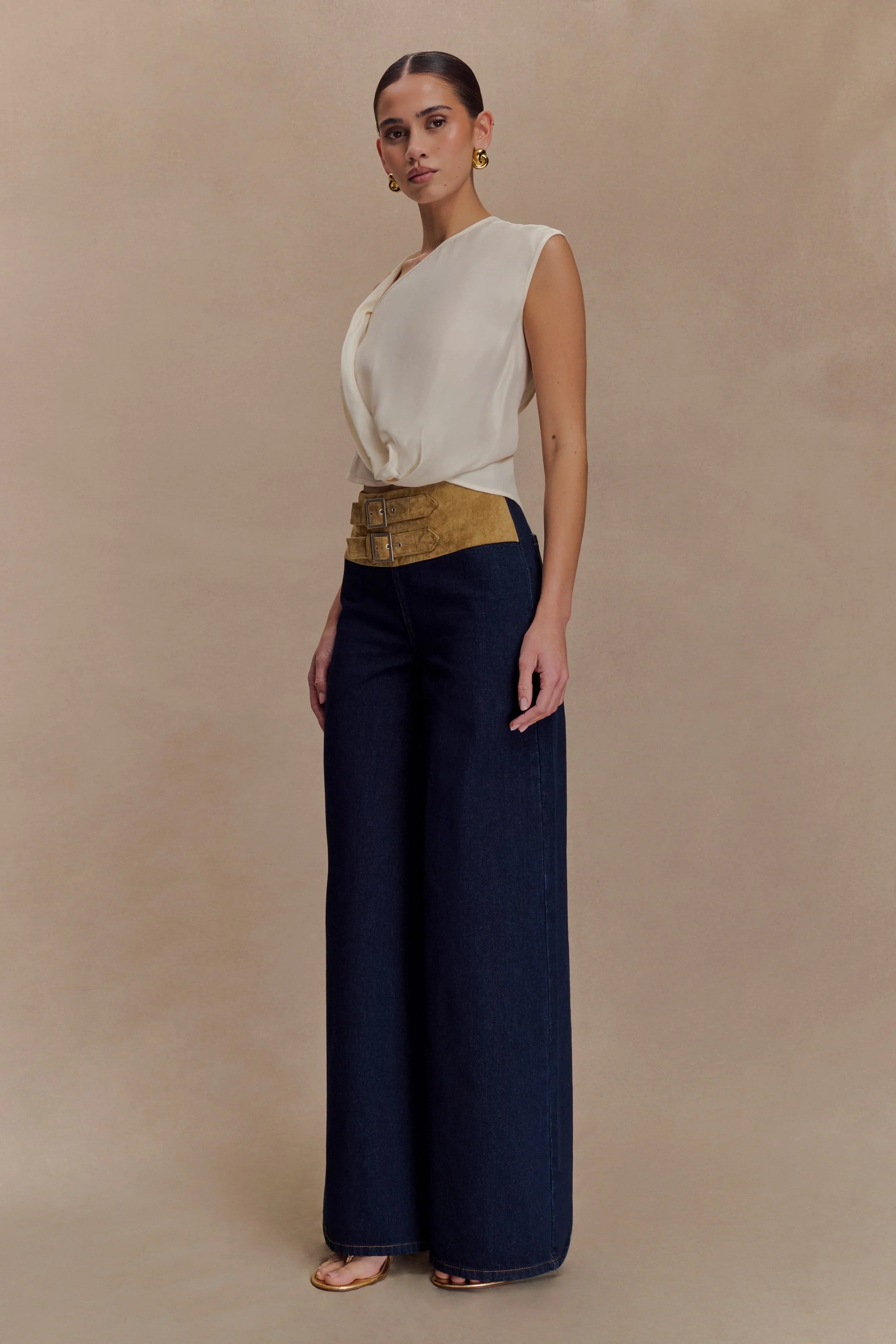 Miranda Faux Suede Belted Denim Wide Leg Jeans Indigo Blue
