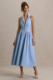 Samsara Light Blue Plunge Neck Collared Midi Dress