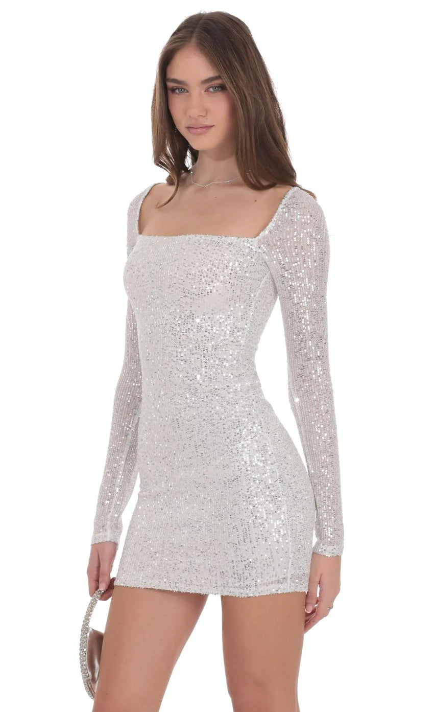 Sequin Long Sleeve Dress in Silver