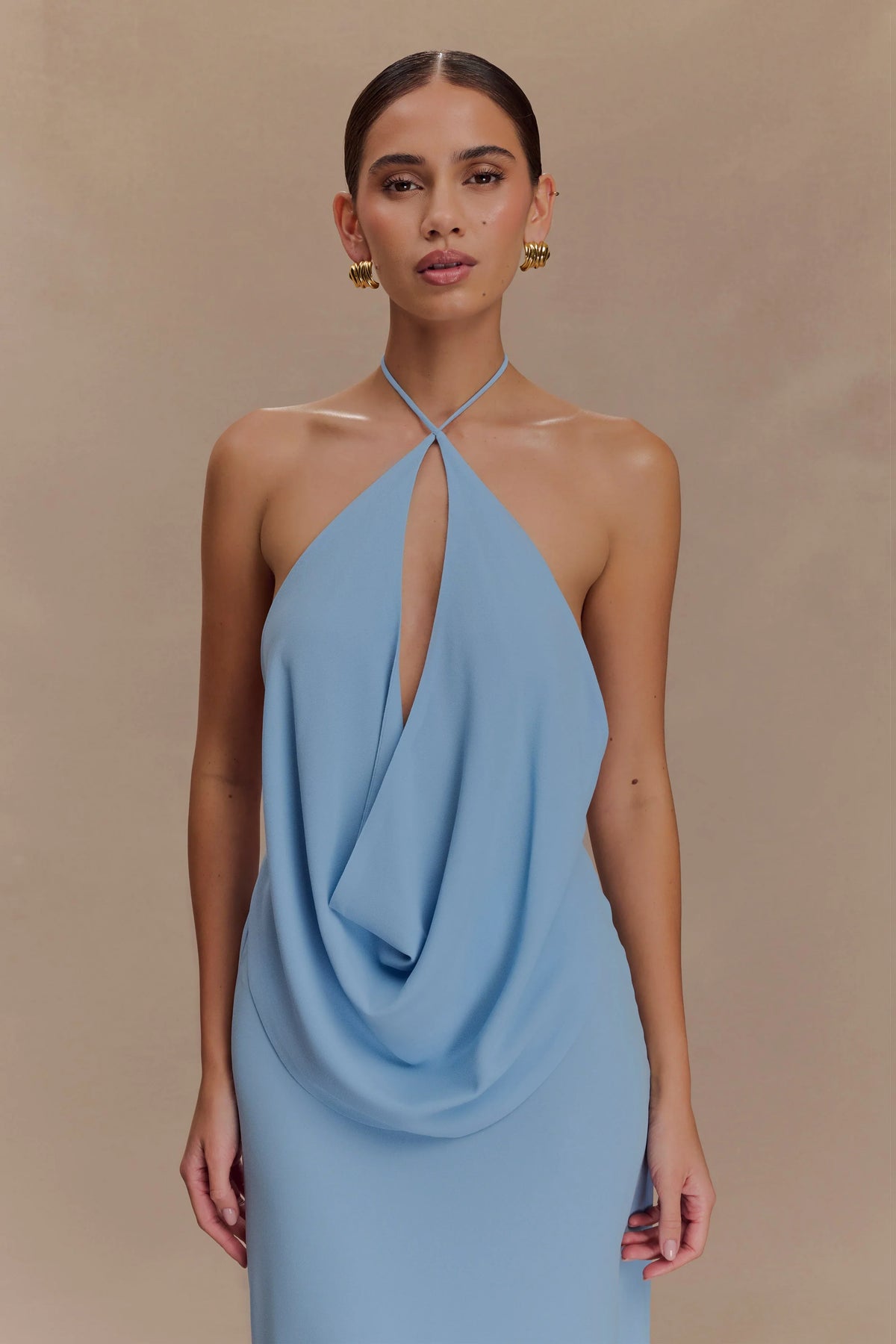 Katalina Chiffon Cowl Halter Top Sky Blue