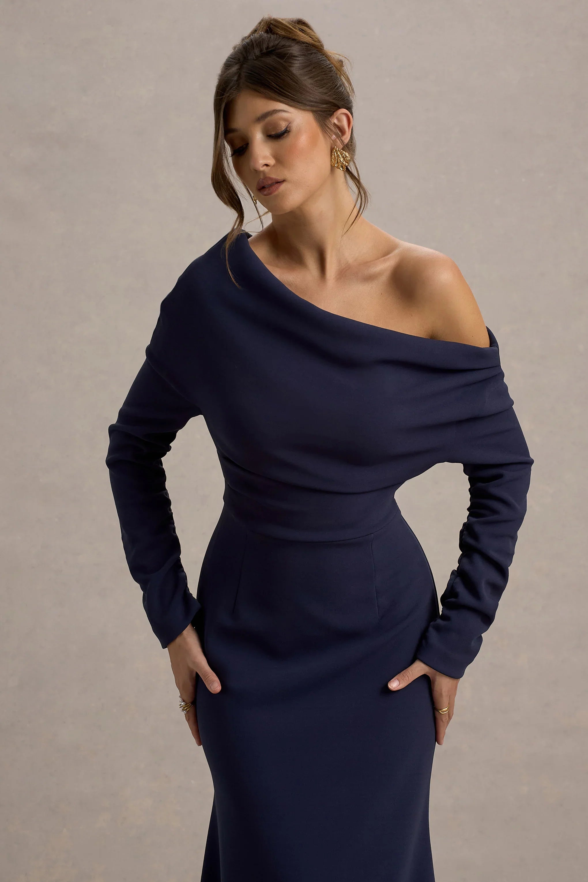Lou Navy One Shoulder Asymmetric Maxi Dress