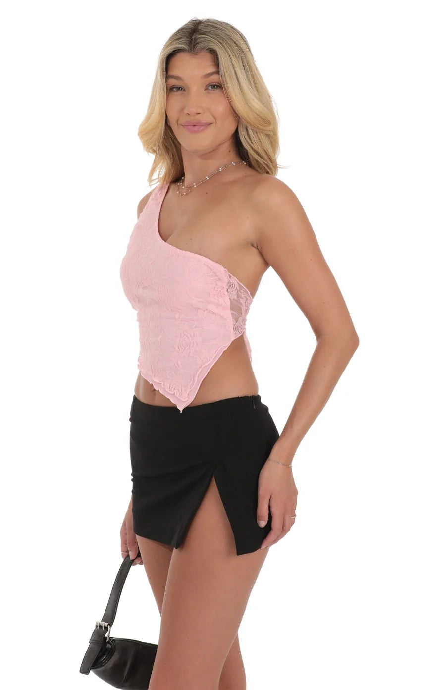 One Shoulder Lace Top in Pink